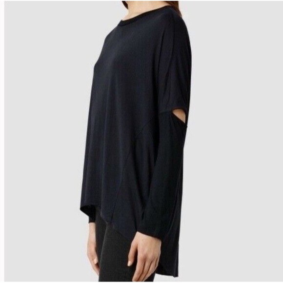 All Saints Wavetop Top Navy Thin Hi-Low Hem Crew Neck Open Elbow Relax Medium - Picture 4 of 10